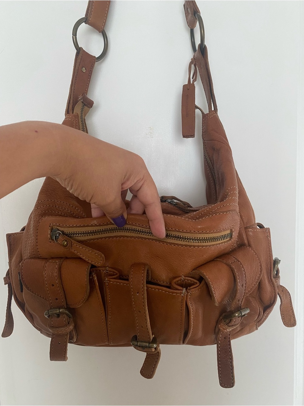Tano Hobo Slouch Shoulder Bag Pebbled Leather In Cognac Hippie 70s Vintage Style - Picture 5 of 13